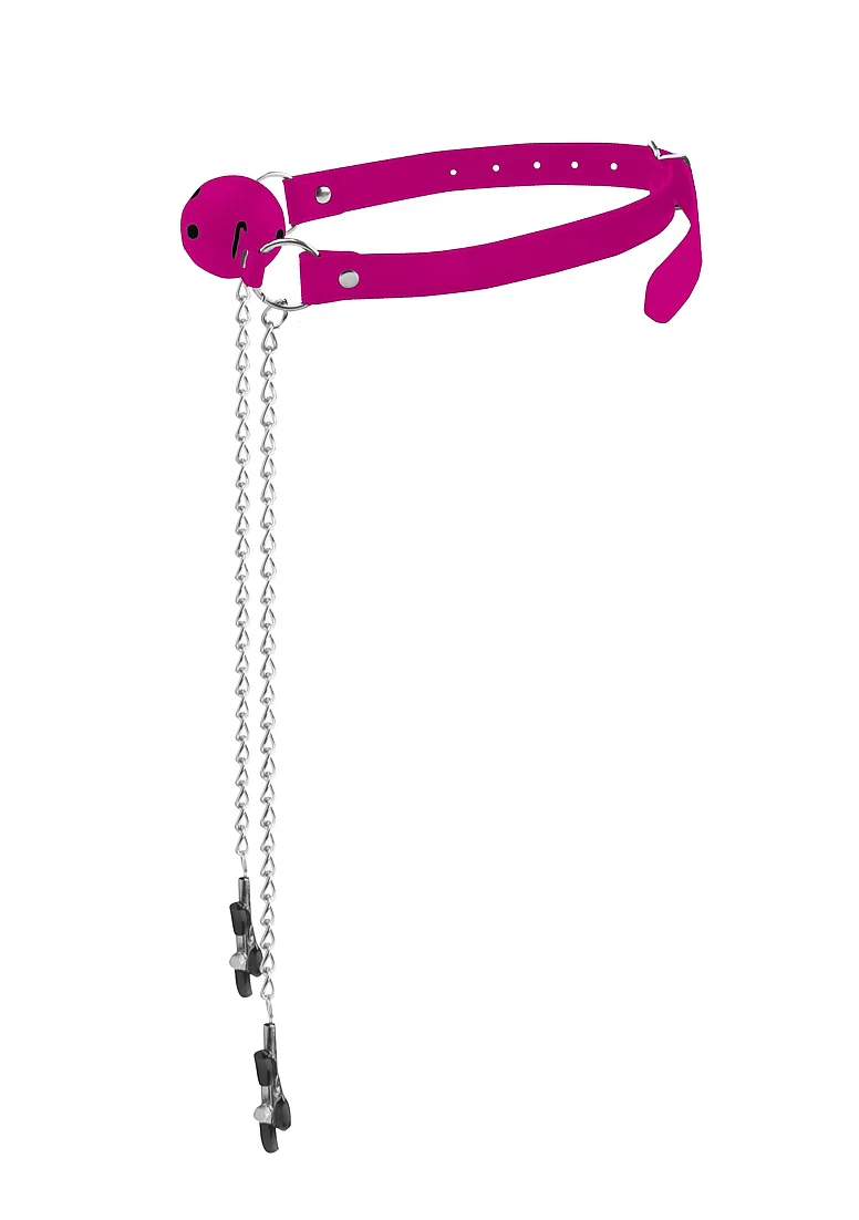 Ouch Ball Gag with Nipple Clamps Pink - Image 2