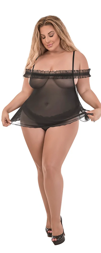 Exposed Ruffled Fly Away Babydoll & Split Crotch G Black 2XL M251