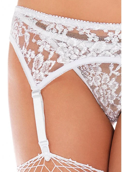 Leg Ave Lace Garter Belt W/Thong 8888 White - Queen - Image 2