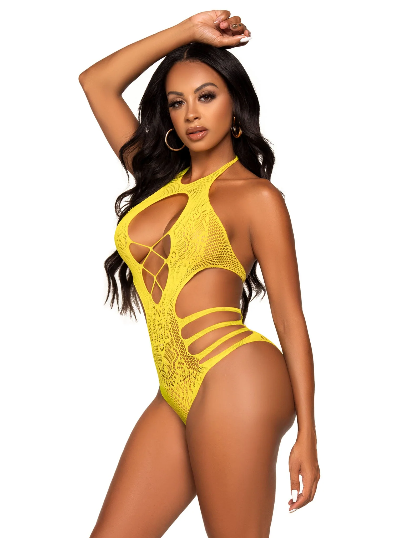 Leg Ave Lace Cut out Strappy bodysuit yellow - 89295 - Image 2