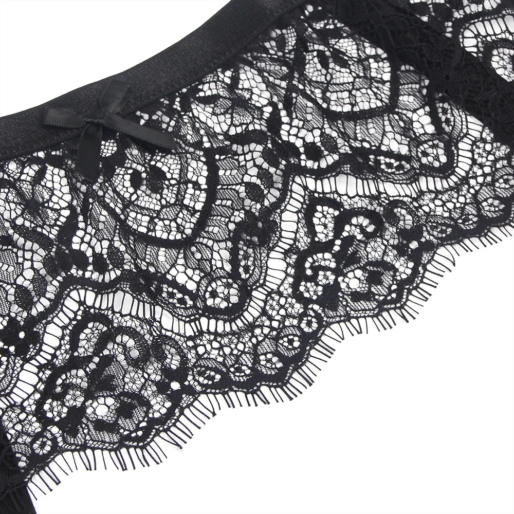 Eyelash Lace High Waist Garter Belt Panty Set P5206-1 Black 2XL - Image 10