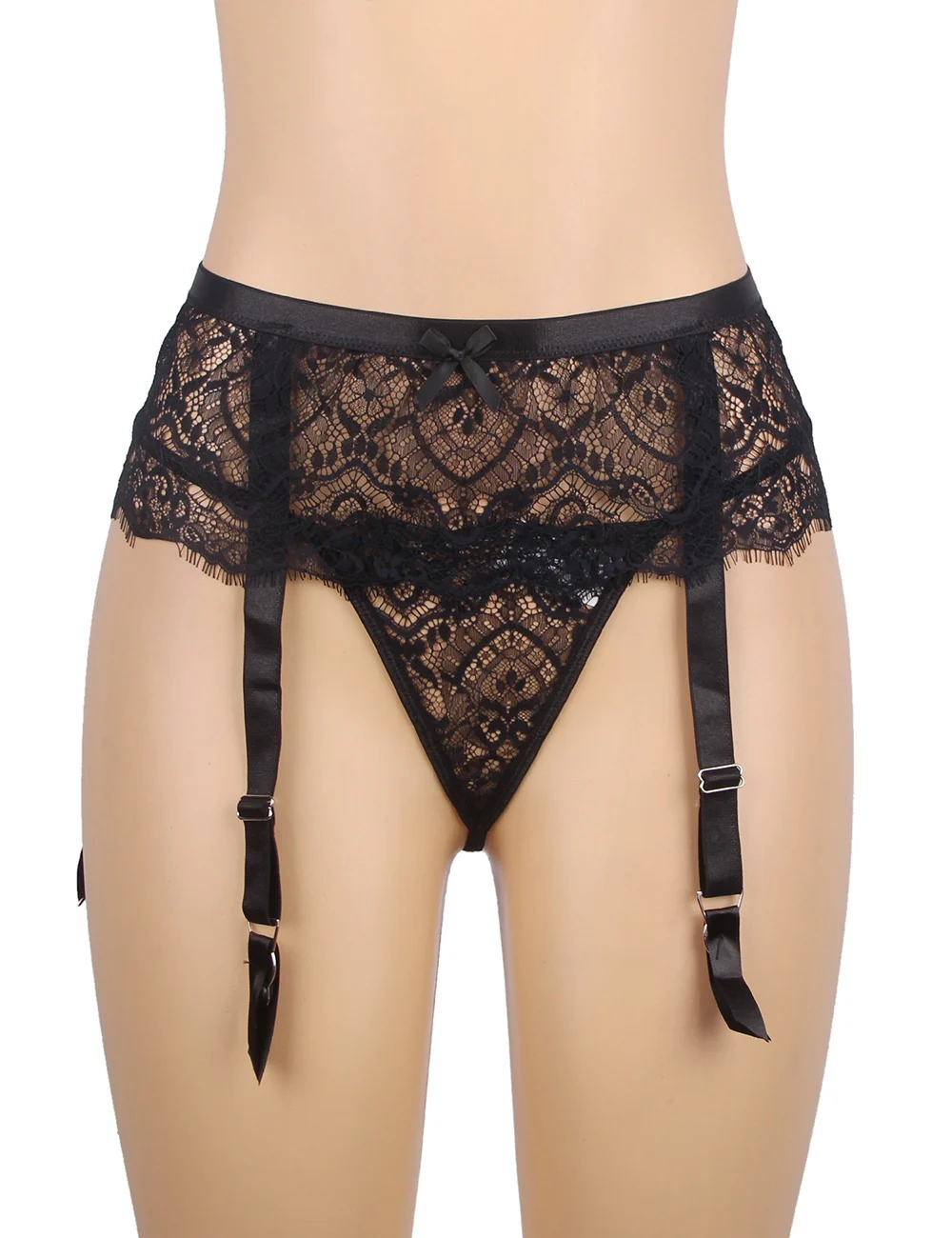 Eyelash Lace High Waist Garter Belt Panty Set P5206-1 Black 2XL - Image 4