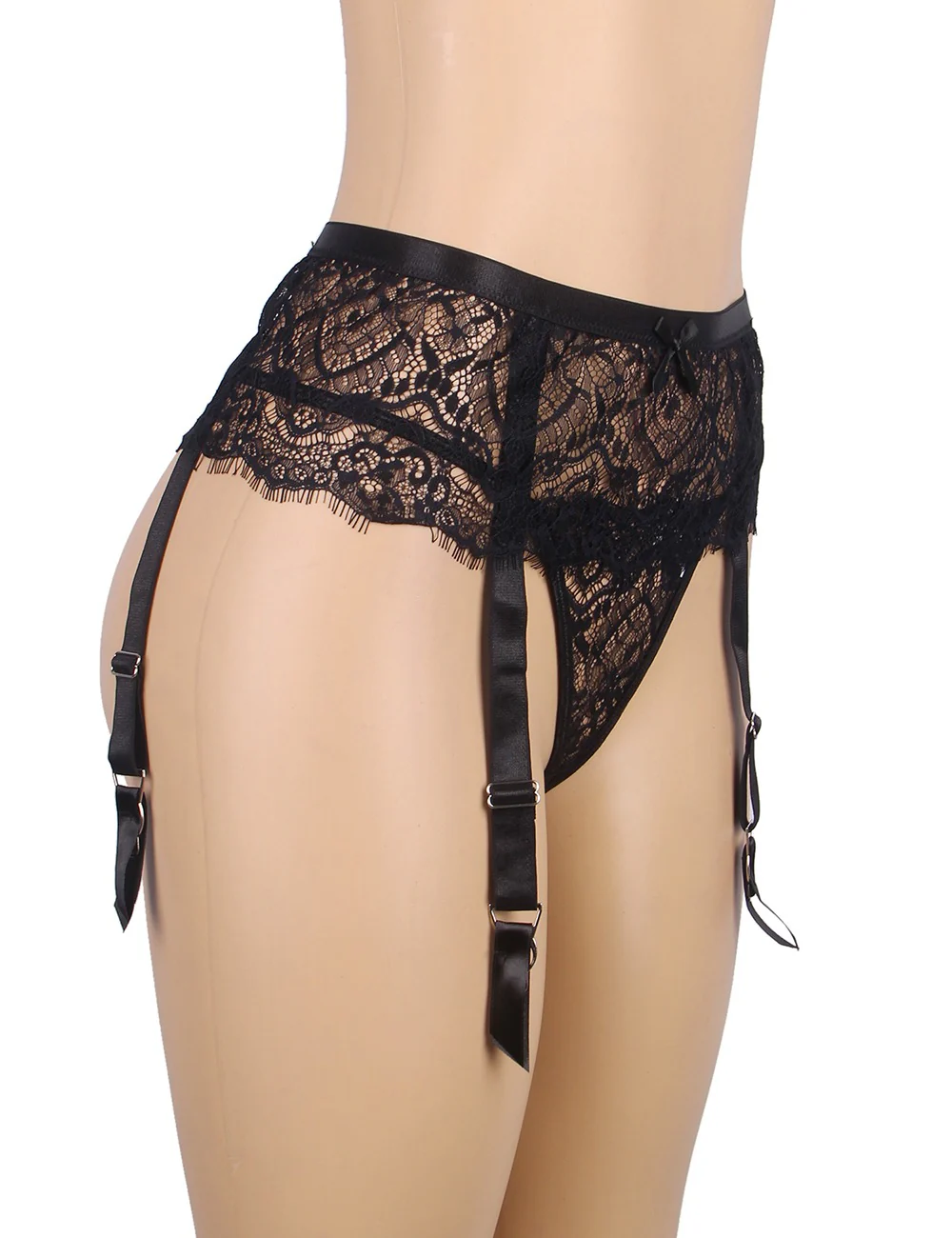 Eyelash Lace High Waist Garter Belt Panty Set P5206-1 Black 2XL - Image 5