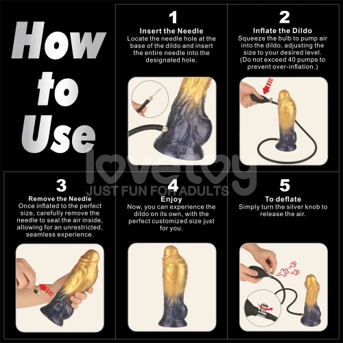 Lovetoy AEROSX Pump Up The Pleasure Dual Density Silicone Inflatable Dildo Gold 8" - Image 3