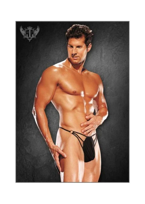 Male Power Nylon Spandex G Thong w/ Straps & Rings Black L/XL - PAK828