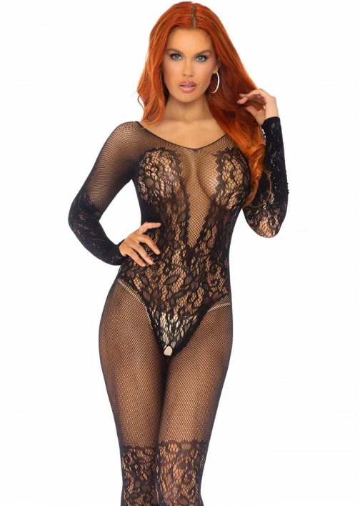 Vine Lace and Net Long Sleeved Bodystocking Queen - 89190