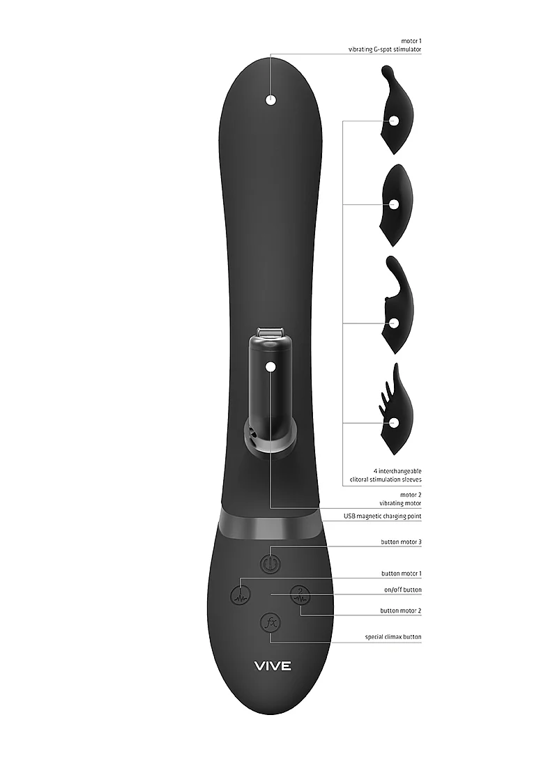 Vive Chou Rechargeable Vibrating Silicone Rabbit with Interchangeable Clitoral Sleeves - Black - Image 2