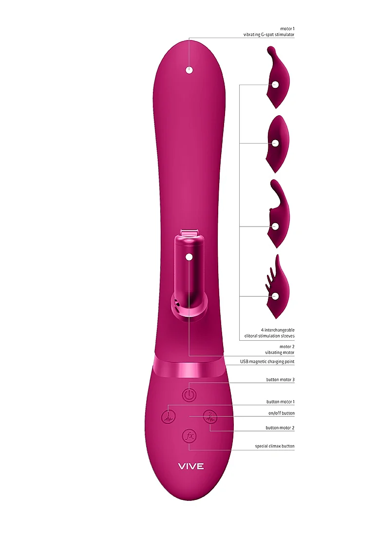Vive Chou Rechargeable Vibrating Silicone Rabbit with Interchangeable Clitoral Sleeves - Pink - Image 3